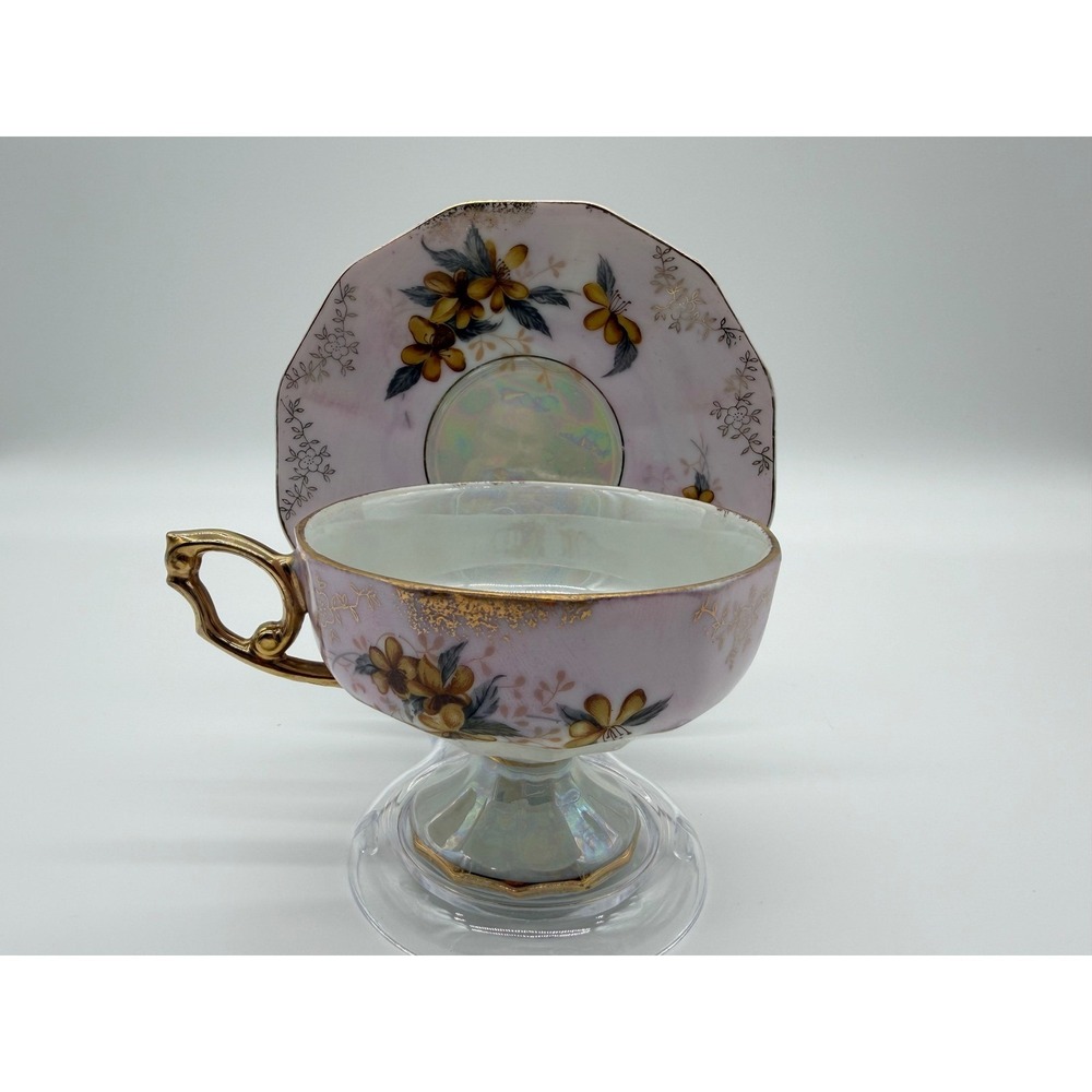 Vintage Pink Lusterware Footed Teacup and Saucer Set Gold Floral Porcelain
